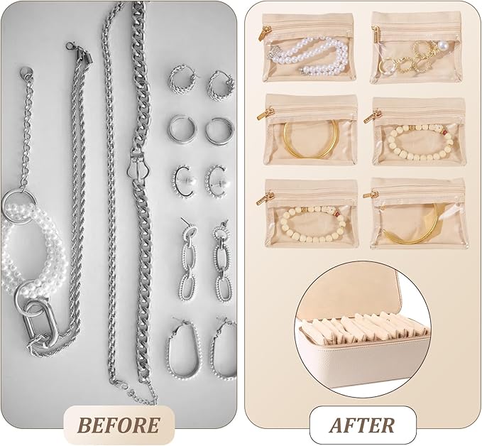 Travel Jewelry Organizer, Travel Jewelry Box with 12 Velvet Zipped Pouches Bags for Jewelries Necklaces Rings Earrings Sorting Storage for Women Girl Gifts, Ivory