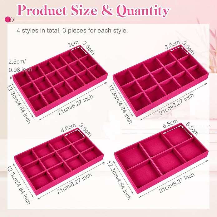 Junkin 12 Pcs Jewelry Tray Velvet Stackable Jewelry Organizer Trays Divided Earring Accessories Storage Containers Box (Rose Red)