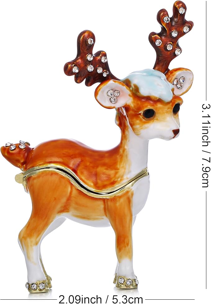 Hand Painted Animal Trinket Box for Home Decor, Hinged Jewelry Organizer Storage, Unique Personalized Collectible Keepsake Figurine Handmade Decorative Ornament Gifts (Sika Deer)