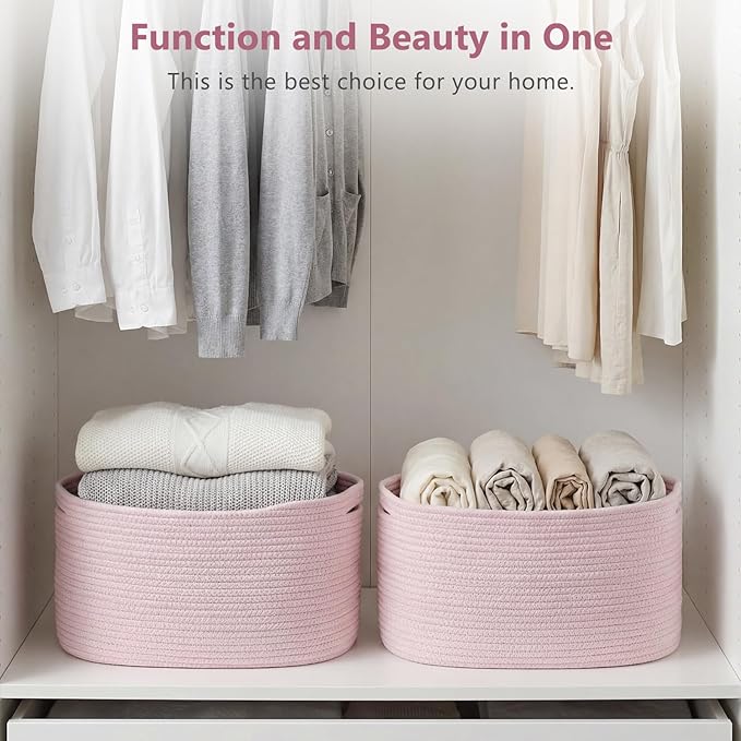ECDYQXVU Cotton Rope Storage Basket, 15x10x9 Inches, Woven Basket for Shelves, Clothes, Towels, Books, and Laundry, Light Pink (2 Pack)
