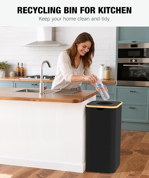 Recycling Bins for Kitchen, 26 Gallon (100L) Recycle Bin with lid, Indoor Oxford Fabric Recycling Trash Can with 2 Pack Removeable and Reusable Inner Bags for Bottle Can Glass Plastic Sticker, Black