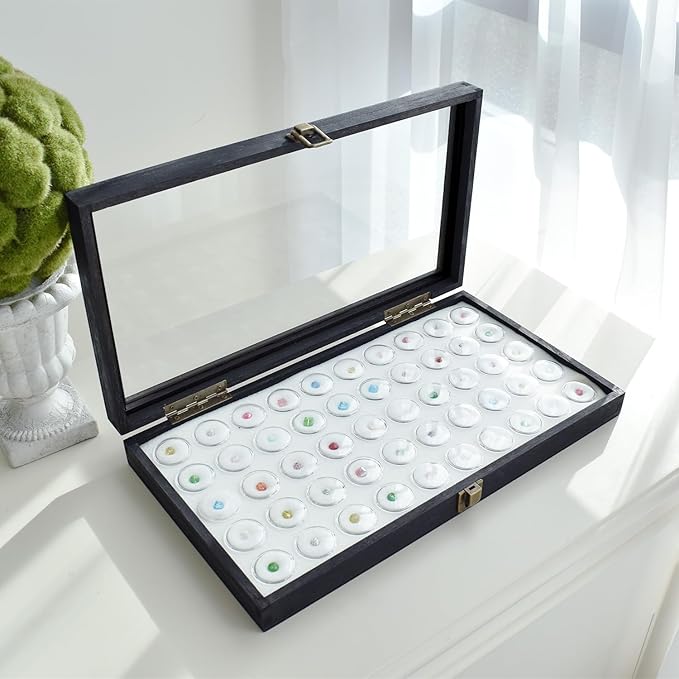 MOOCA Glass Top Black Jewelry Display Case 50 Gem Jars, Ring Box, Jewelry Organizer, Gem jar storage, Glass Display Box, Ring storage White Tray with Gem Jar