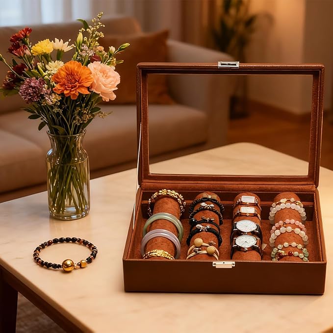 Bracelets Organizer Rods Bangles Display Holder, Clear See through Lid Leather Velvet Jewelry Storage Box Case for Women, 4 Rods Brown Leather