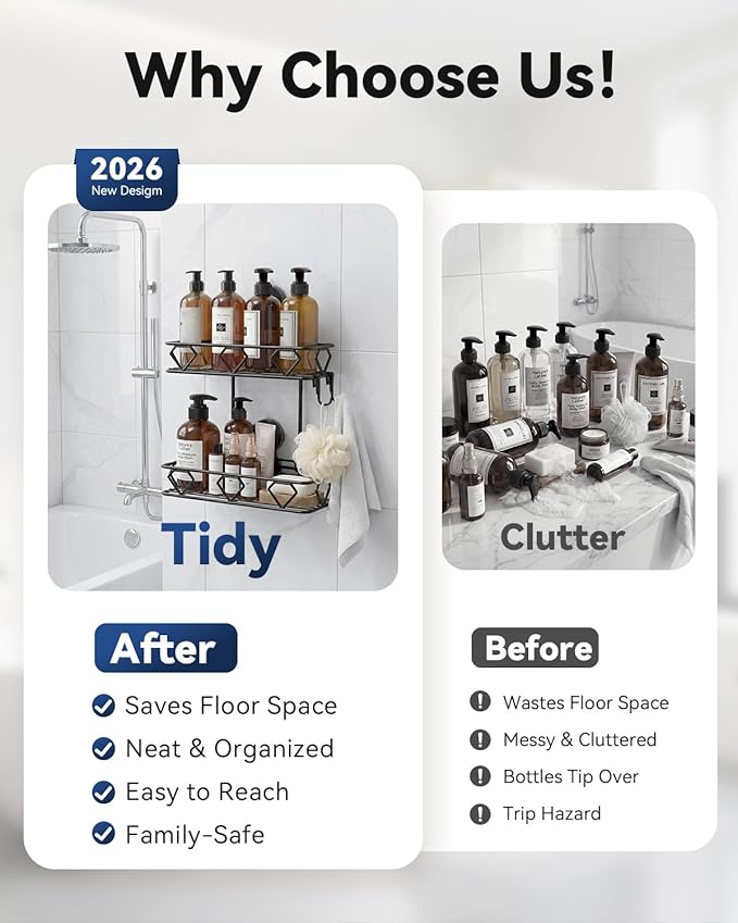 JOTPE Shower Caddy Suction Cup, No Drilling Shower Shelves Hold Up to 40 lbs, Large Capacity Double Layer Bathroom Organizer and Storage with Hooks, Rustproof & Removable Bathroom Shelf, Black