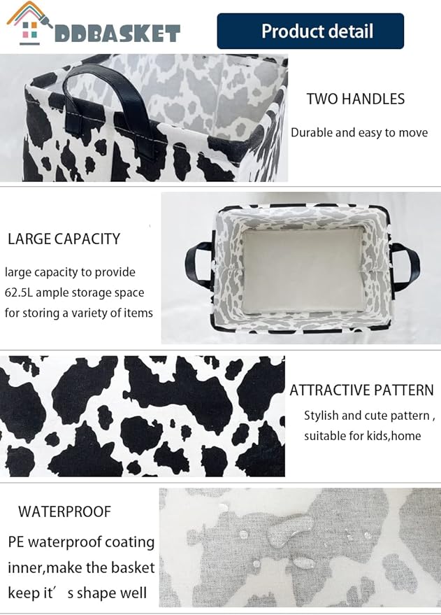 Rectangle Cow Basket Cow Print Storage Bins Cute Canvas Organizer Bin for Bedroom Decor Kids Toys Books, Clothes Shelves Gift Basket(Cow print)