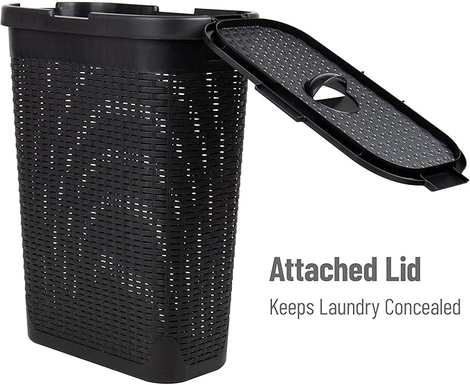 Mind Reader Slim Laundry Hamper with Lid, 40L Clothes Basket, Narrow Tapered Design with Ventilated Cutout Pattern, Plastic, Set of 2, Black