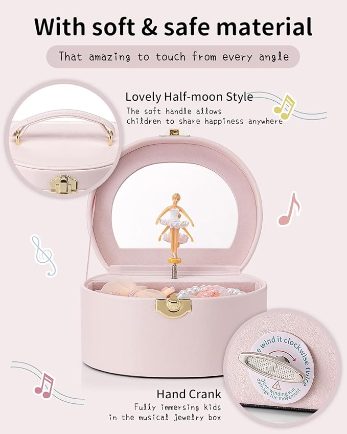 Vlando Musical Jewelry Box for Girls - Valentines Day Gifts for Daughter Kids - Birthday for Girls Ages 4 5 6 7 8-12 Year Old - Kid Music Box with Ballerina for Birthday Bedroom Decor - Light Pink