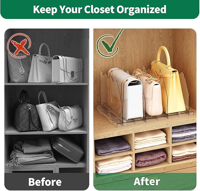 SPACEKEEPER Adjustable Shelf Divider for Closet, 2 Pack Clear Purse Organizers for Closet Acrylic Handbag Separators Storage Organizer Bookshelf Separator Dividers in Bedroom, Office