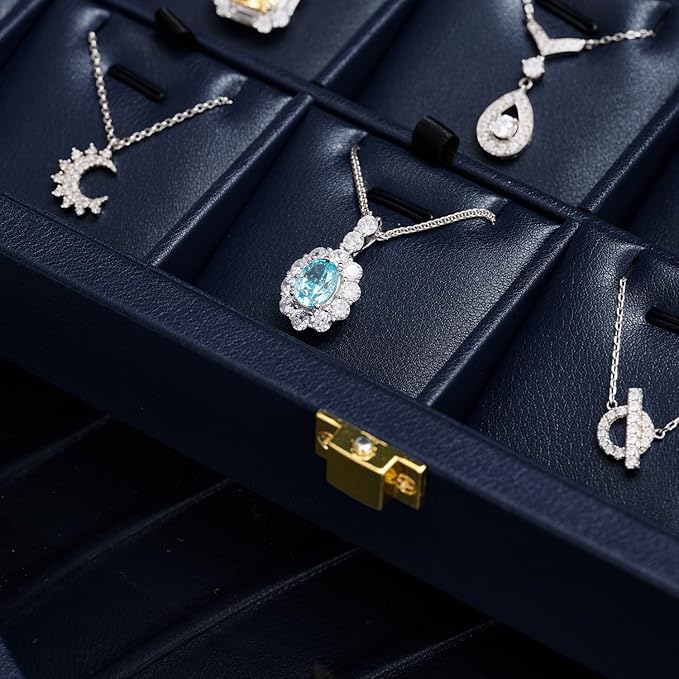 Oirlv Premium Blue Leather Jewelry Tray with 24 Grid Removable Jewelry Cards Jewelry Organizer Box with Transparent Acrylic Lid Necklace Pendant Display Case