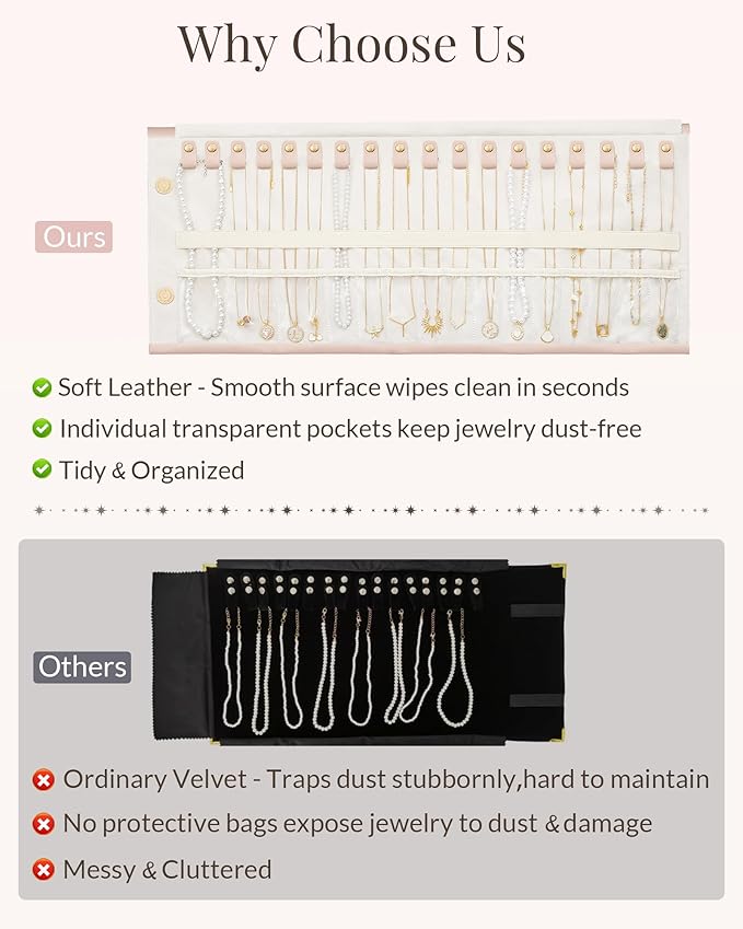 Lolalet Travel Necklace Organizer, Tangle-Free Necklace Case for Travel, Leather Foldable Roll Up Jewelry Storage Bag for Necklaces Chains Bracelets, Mothers Day Gift
