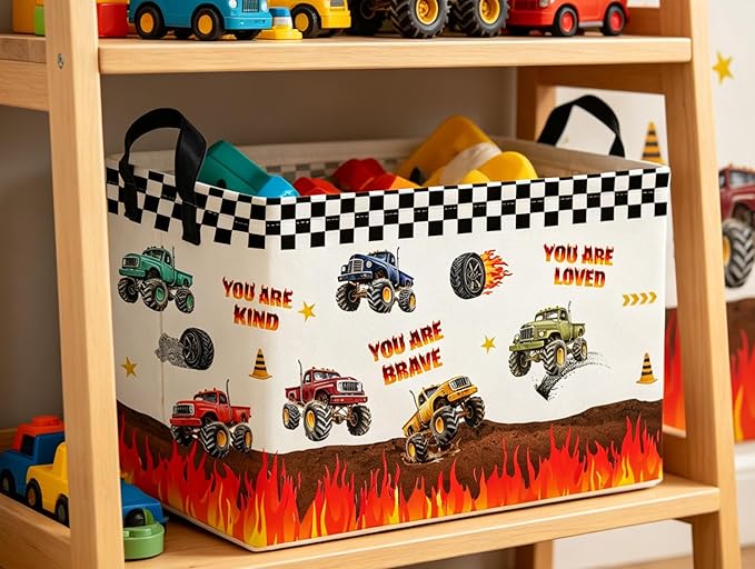 Rectangular Kids Baskets Monster Truck Basket Cute Storage Bins Organizer Box Boys Room Decor for Home.(Flame Racing)