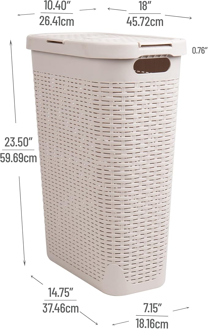 Mind Reader Slim Laundry Hamper with Lid, 40L Clothes Basket, Narrow Tapered Design with Ventilated Cutout Pattern, Plastic, Ivory