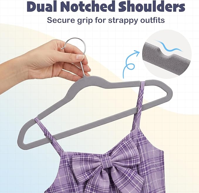 HOUSE DAY 14 Inch Kids Velvet Hangers 50 Pack, Durable Big Kid Hangers for Youth, Teen, Non Slip Kids Felt Hanger, Cute Childrens Hanger for Closet, Grey