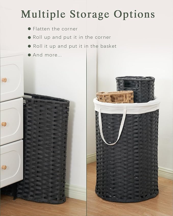SETVSON Large Laundry Hamper Laundry Basket Round 34.3 Gal (130 L) Handwoven Wicker Laundry Baskets Rattan Laundry Basket with Laundry Bag Handles 2 Mesh Bags for Living Room Bedroom Black