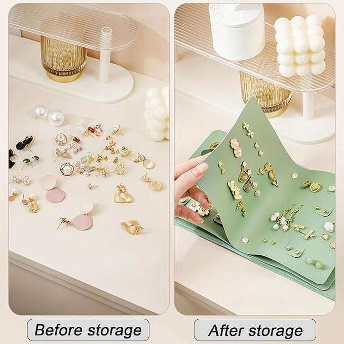 LAKE OF FIRE Earring Holder Organizer with Foldable Book Design Jewelry Book Organizer, Portable Pu Leather Travel Earring Case(Green)