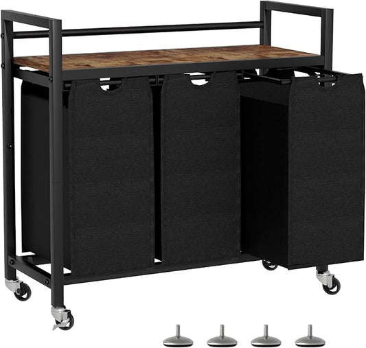 SwaaVee Laundry Hamper, Laundry Basket, Laundry Sorter with 3 Removable Bags, Clothes Basket with 3 Compartments, Wheels, Shelf for Laundry Room Bathroom Bedroom (3 Bags-Black)