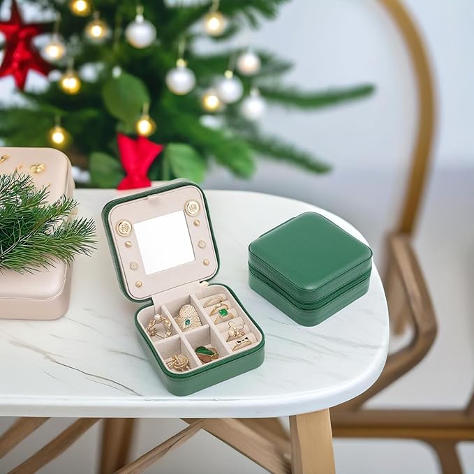 Vlando Small Travel Jewelry Box Organizer - Mirrored Jewelries Necklaces Rings Earrings Necklace Storage Case, Dark Green