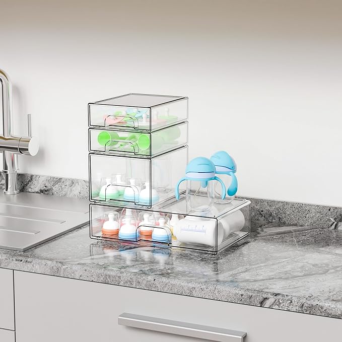 Yieach 4 Pack Clear Stackable Storage Drawers,Pull-Out Medicine Cabinet Organizer and Containers,Large Acrylic Organizers Drawers and Bathroom Closet Organizers for Hair Accessories,Makeup Organizer