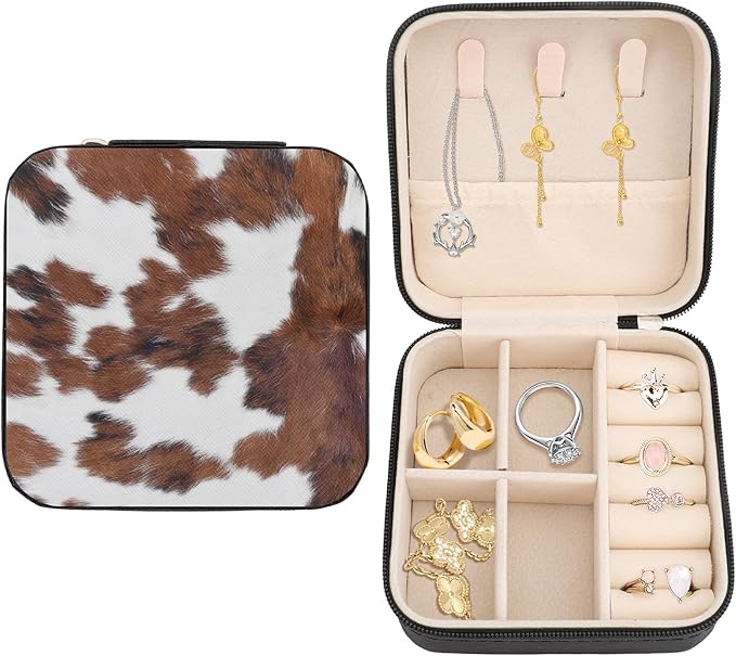 Personalized Jewelry Box Travel Size Jewelry Case Cow Print Jewellery Storage Box for Womens Mens Jewellery Organiser for Rings Necklaces Bracelets Earrings Christmas Birthday Gifts for Her