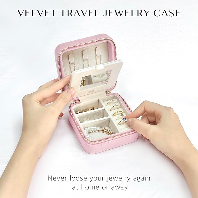 BLUTETE Travel Jewelry Box Organizer Velvet Travel Case With Mirror Ring Earrings Necklaces Storage Organizer Box (Light Pink)