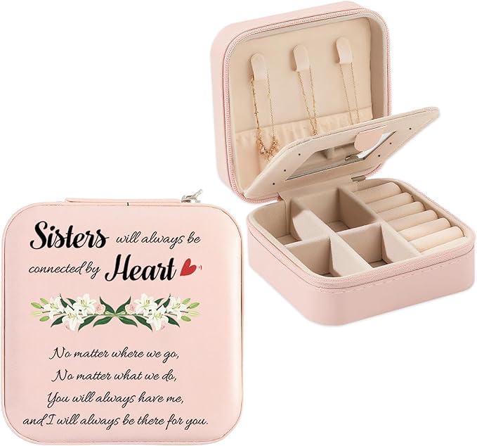 Sisters Jewelry Box Gifts Easter Mothers Day Gifts for Sister Bestie Friend Unique Sister Birthday Gift Wedding Graduation Gift for Sisters BFF Pink Portable Travel Jewelry Case for Besties