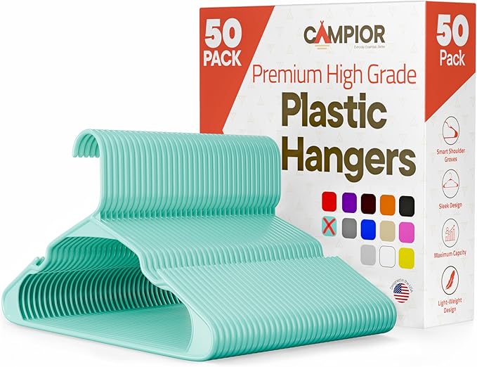 Plastic Clothes Hangers – Heavy Duty Hanger Set, for Organizing Clothes, Dresses, and Coat, Holds Up to 5 lbs, Space-Saving Hangers with Non-Slip Shoulder Grooves, Pack of 50, Aqua