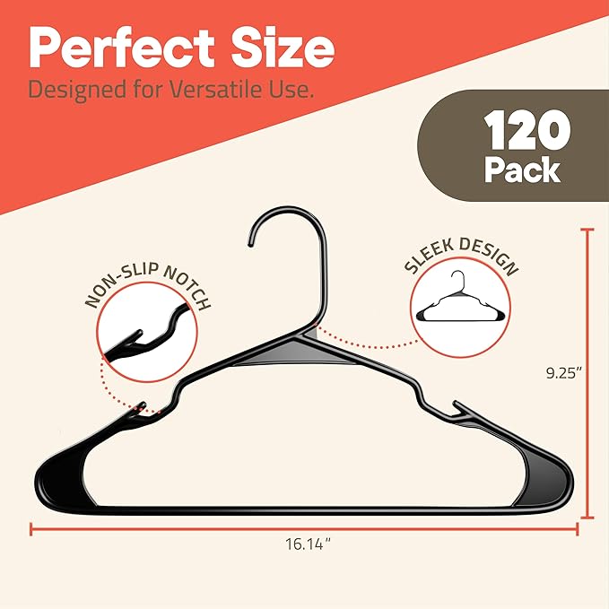 Black Plastic Hangers 120 Pack– Heavy-Duty Plastic Hangers Slim and Space-Saving, Durable and Lightweight PP with Non-Slip Shoulder Notches for Slip Dresses, Suits, Jackets & Camisoles
