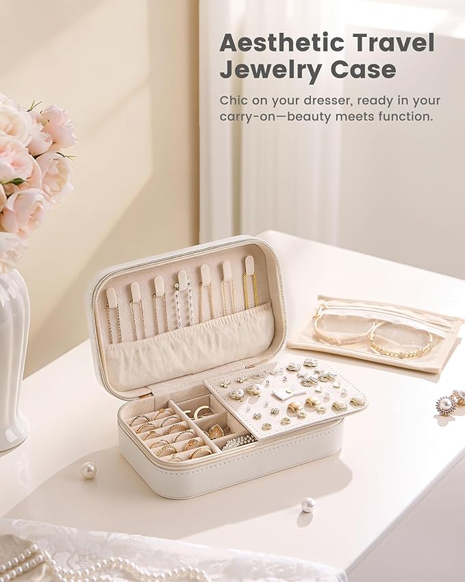 Lolalet Travel Jewelry Case for Women Girls, PU Leather Jewelry Organizer with Clear Storage Bag Small Portable Jewelry Box for Necklace Bracelet Earring Ring Mothers Day Birthday Gifts -Medium/Beige