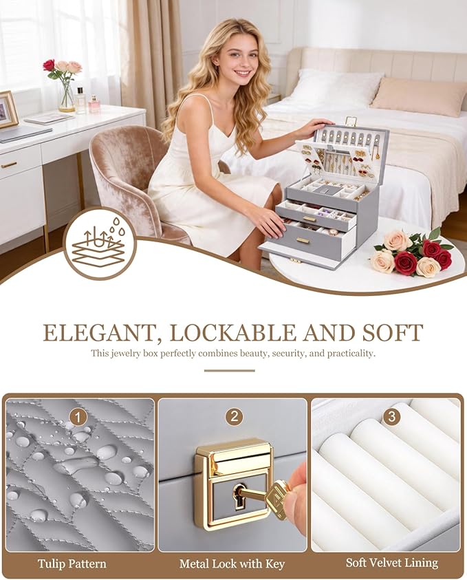DesignSter Jewelry Box for Women Girl, 3-layer Lockable Jewelry Organizer with Mirror, Large Leather Jewelry Case for Earring Necklace Ring Bracelet Watch