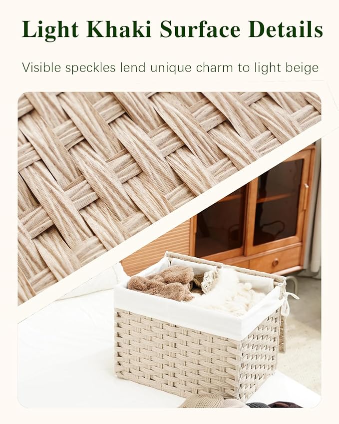 SETVSON Storage Basket with Lid Woven Wicker Baskets with 2 Separate Lid, 9.2 Gallon (35 L) Wicker Storage Bins with Handles, Foldable and 2 Removable Liner Bags for Bedroom, Laundry Room Light Khaki
