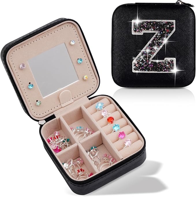 Uygafly Personalized Jewelry Case for Women Girls - Fashion Mini Jewelry Boxes - Trendy Travel Jewelry Organizer with Initials Letter - Teen Gifts | Black,Z