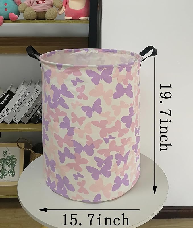 Collapsible Kids Laundry Basket Clothes Hamper, Foldable Storage Organizer Bin, Toy Clothes Storage with Handles for Boys Girls Bedroom, Room Decor Butterfly