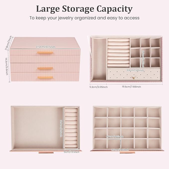 Dajasan Jewelry Box Organizer, 3-Tier Jewelry Storage Organizer with 2 Drawers, Large Jewelry Box for Girls Women, PU Leather Surface with Texture, Gift Idea, Modern Style (Pink)