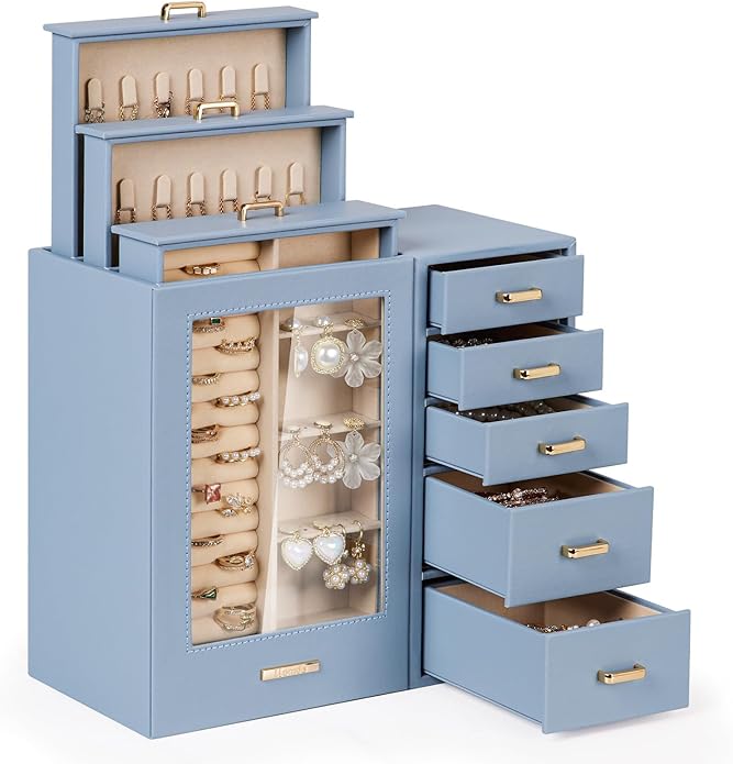 Homde Large Jewelry Box/Organizer/Case with Glass Window, Drawers for Necklaces Earrings Rings Bracelets Watches Gift for Women Girls