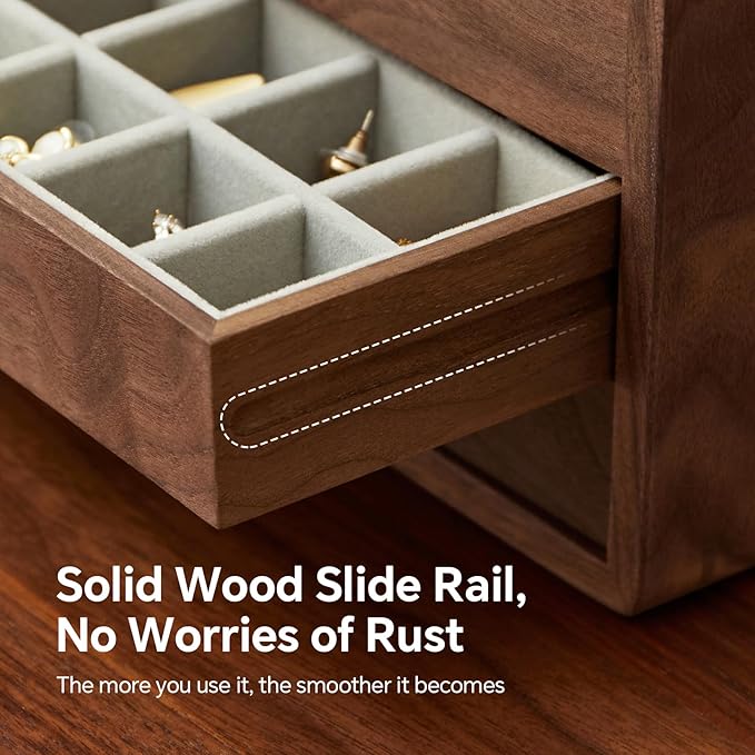 Wooden Jewelry Box for Women Men, Large Velvet Lined Organizer with 4 Drawers, Solid Black Walnut Brass Handles, Jewelry Storage Box for Rings, Necklaces, Earrings