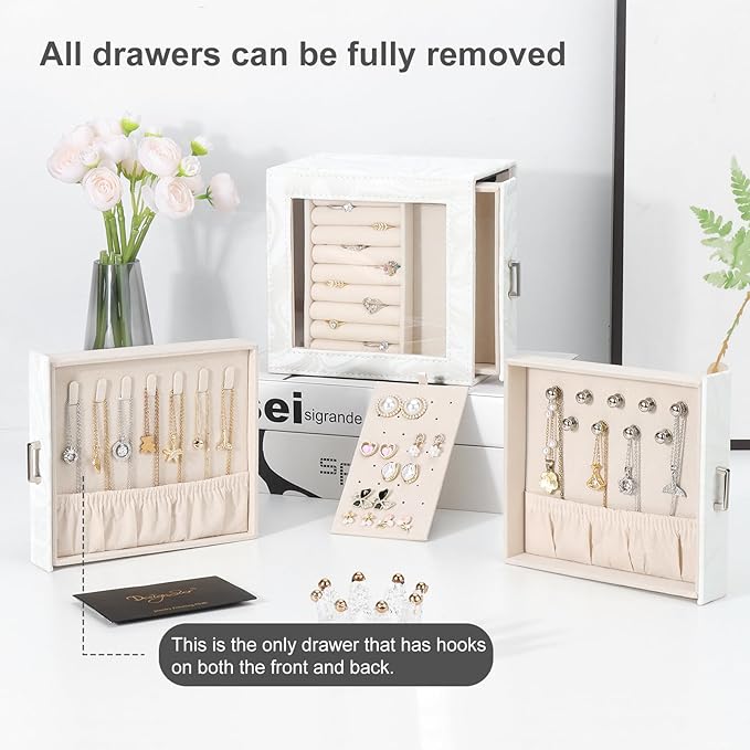 DesignSter Jewelry Box Organizer, Jewelry Box for Women, PU Jewelry Organizer Display Case with Side Drawers, Jewelry Storage for Earring Necklace Ring Bracelet Watch