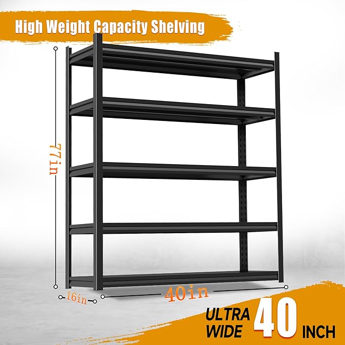 5-Tier Garage Shelving,77''H*40''W*16''D Metal Storage Shelf,2-in-1 Adjustable 3020 lbs Heavy Duty Shelves Unit,Upgraded Reinforced Double-Layer Columns for Garage Basement Kitchen Black