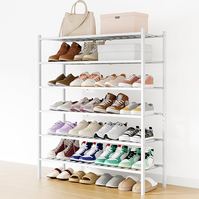 Smiry Shoe Rack, 6 Tier Long Bamboo Shoe Organizer, Stackable Free Standing Wooden Shoe Storage Shelf for Closet, Entryway, Front Door Entrance, White