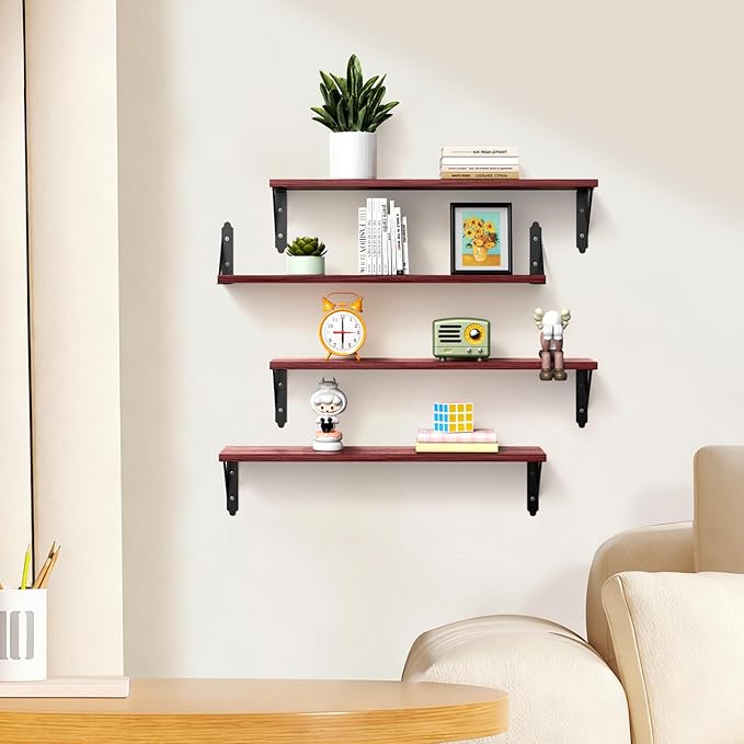 ROMGUAR CRAFT Wood Floating Shelves Set of 4, Rustic Storage Decor Wall Shelves, Wall Mounted Shelf for Living Room, Bedroom 23.6" x 6", Red