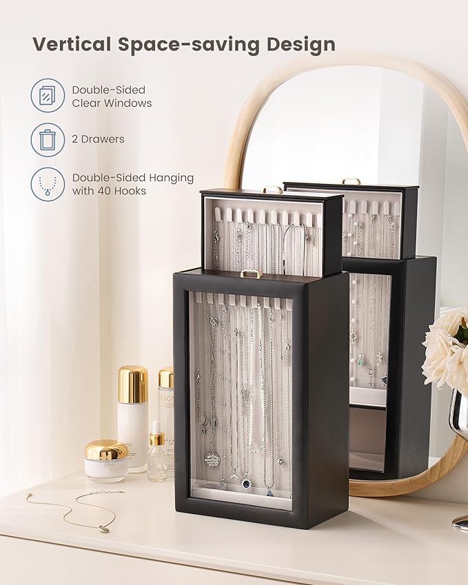 Lolalet Upgraded Double-Sided Hanging Necklace Organizer Box, Jewelry Display Case with Double-Sided Clear Window for Necklaces Bracelets, Tangle-Free Necklace Storage Box, Mothers Day Gift
