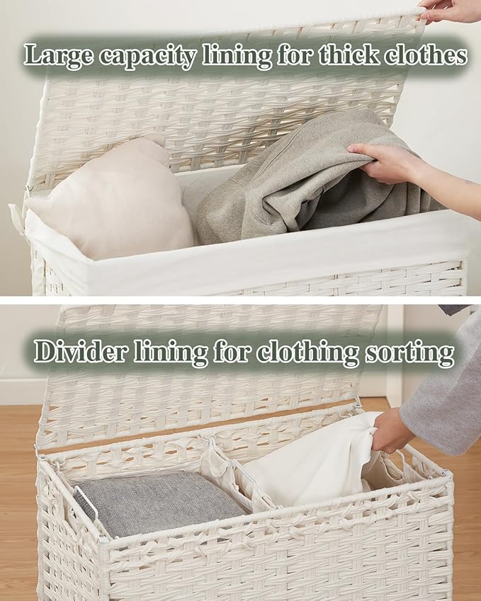 SETVSON Laundry Hamper with Lid Wicker Laundry Basket 112 L (29.6 Gal) Laundry Hampers Handwoven Rattan Clothes Hamper with Handles 3 Removable Liner Bag, 6 Mesh Bags for Bathroom Bedroom White