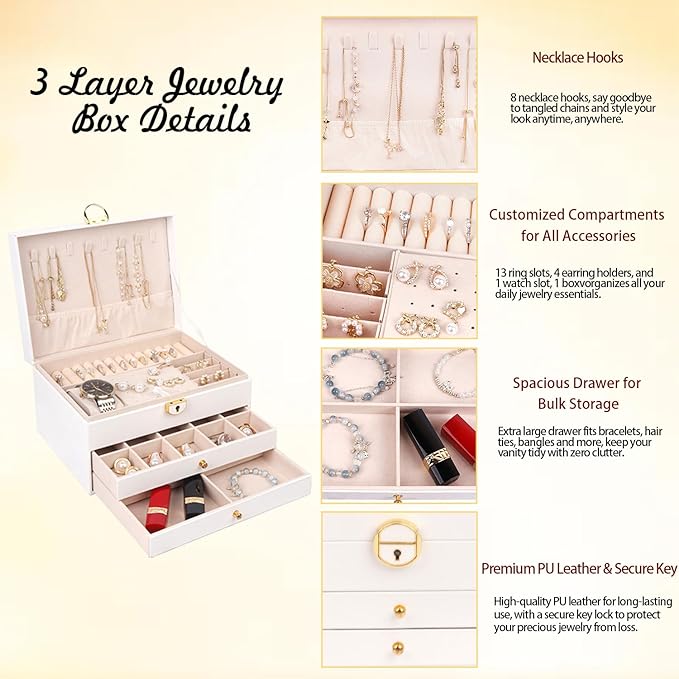 3 Layer Jewelry Box Organizer with Drawers, Lockable PU Leather Jewelry Storage Case for Mothrer's Day gifts Necklace Earring Ring Bracelet Watch, White
