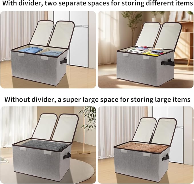 Foldable Fabric Storage Box, 16.5 x 11.8 x 9.8 inches (L x W x H), with Double-Lid & Dividers, Large Organizer for Home, Closet, Office(Grey, 4 Packs)
