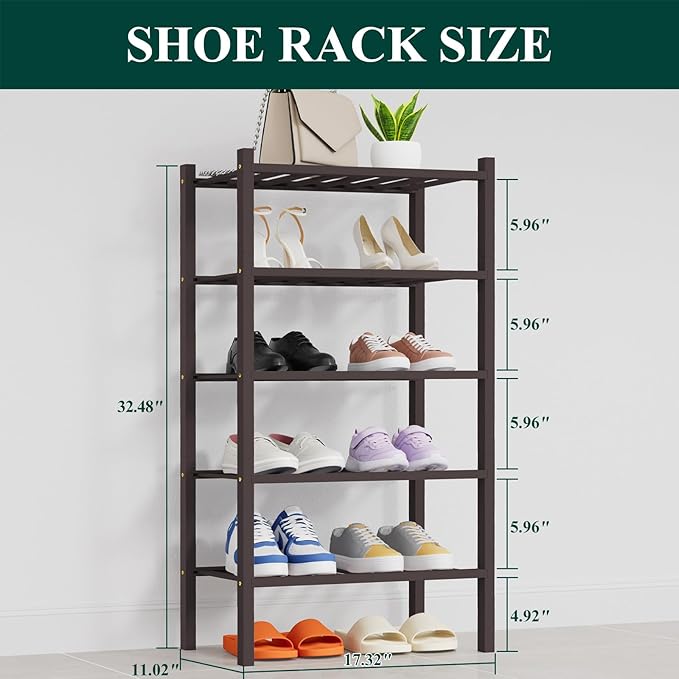 Smiry Shoe Rack, 5 Tier Thick Small Bamboo Shoe Organizer, Stackable Free Standing Wooden Shoe Storage Shelf for Closet, Entryway, Front Door Entrance, Brown