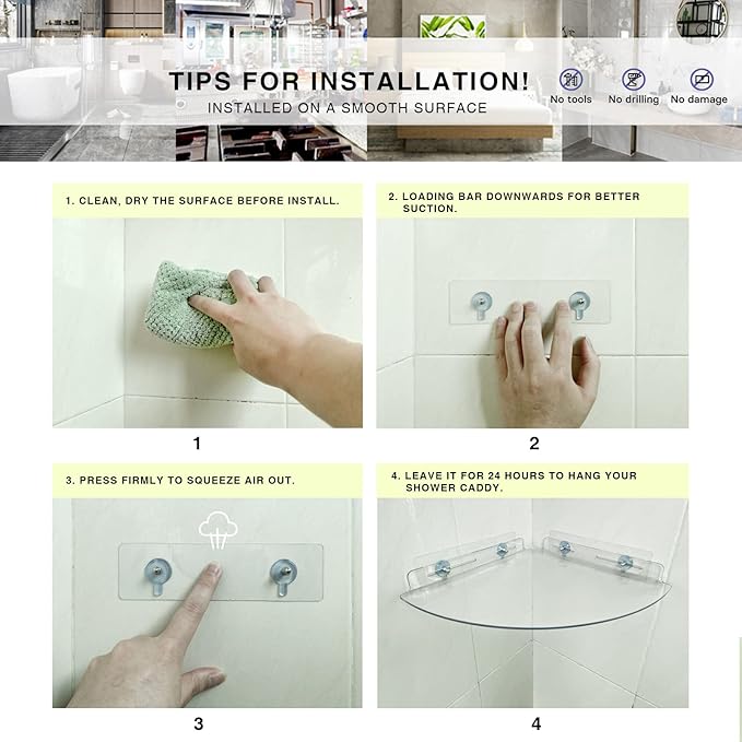 Bakzon Acrylic Corner Shelves, 2 Pack Adhesive Shower Caddy Organizer for Tile Walls, Wall Mounted Clear Bathroom Shelves for Inside Shower & Kitchen Storage