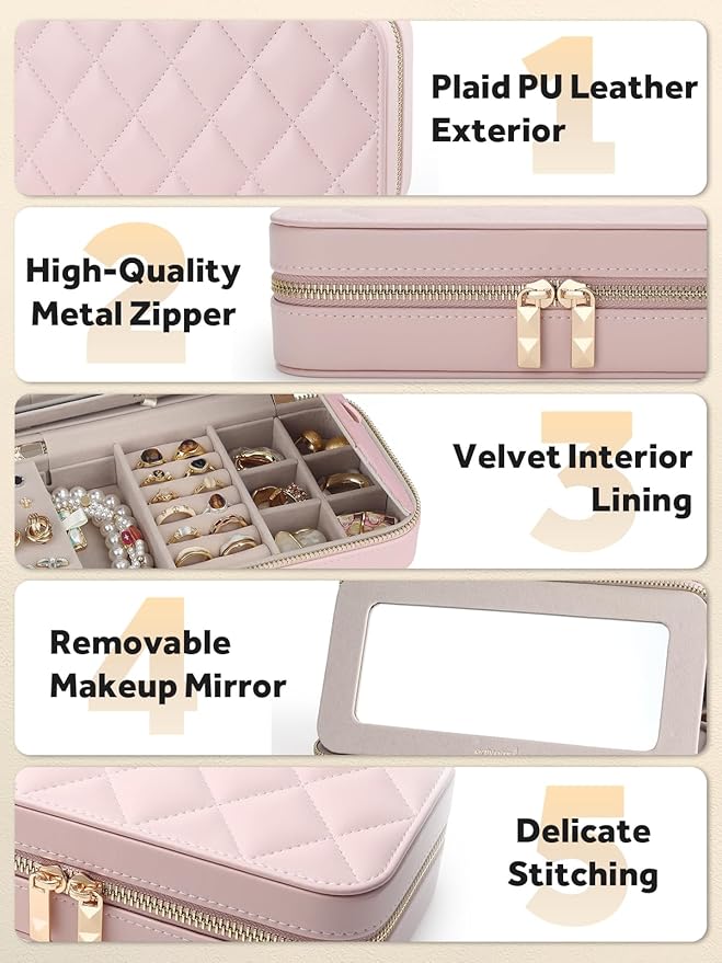 Travel Jewelry Case with Mirror, Quilted Small Jewelry Box Organizer for Women Girls, Portable Earring Necklace Bracelet Ring Holder Storage for Travel Weekend Trips (Blush Pink)