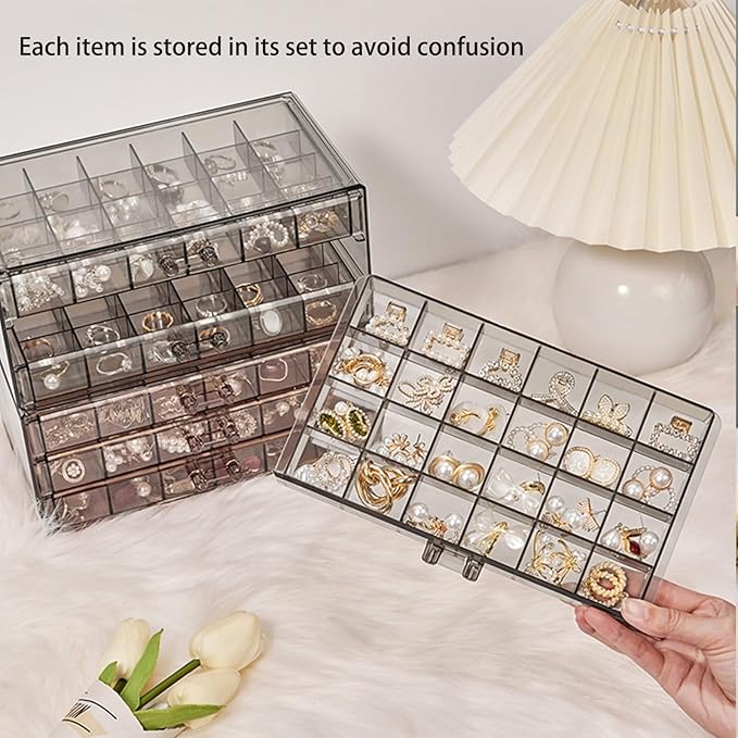 Earring Storage Box Organizer 3 Drawers Acrylic Jewelry Storage Box Holder Transparent Jewelry Display Stand with 72 Cells Gift for Women Girls