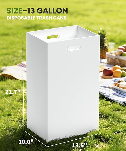 Magicheap Disposable Trash Cans for Party 4 Pack, 13 Gallon Thick Cardboard Garbage Cans with Clip & Handle, Reusable Portable Trash Bin for Parties Events Camping (13.5"L x 10.0"W x 21.7"H), White