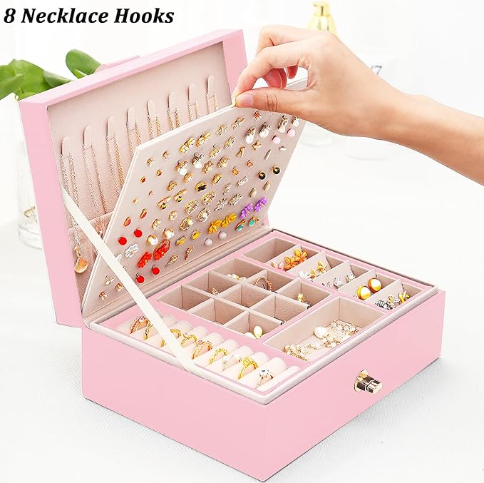 Earrings Jewelry Box for Girls, Large Capacity Jewelry Organizer with 40-Pair Earring Board, 2-Layer Leather Jewelry Storage Box for Necklaces Rings Bracelets with Removable Tray(Gift Idea),Pink