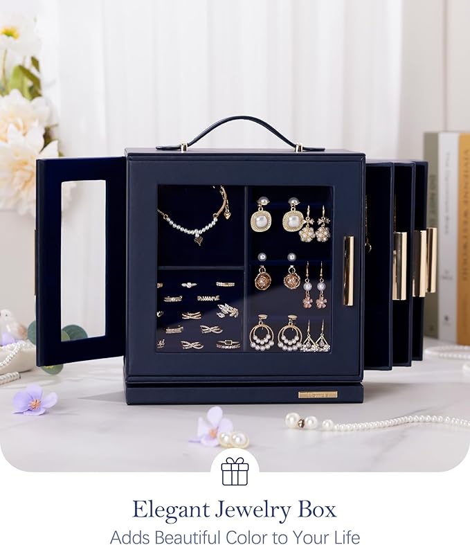 Homde Mothers Day Gifts Jewelry Box for Women Large: Rotating Organizer for Ring Earring Necklace Bracelet - 7 Drawers Storage for Dresser (Dark Blue)